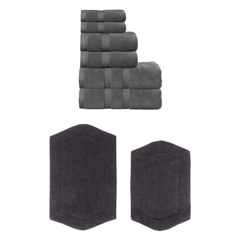 Ensemble de serviettes 6 pièces et 2 tapis de bain 2 pièces Bryd Collection (ensemble de 8), Gris foncé