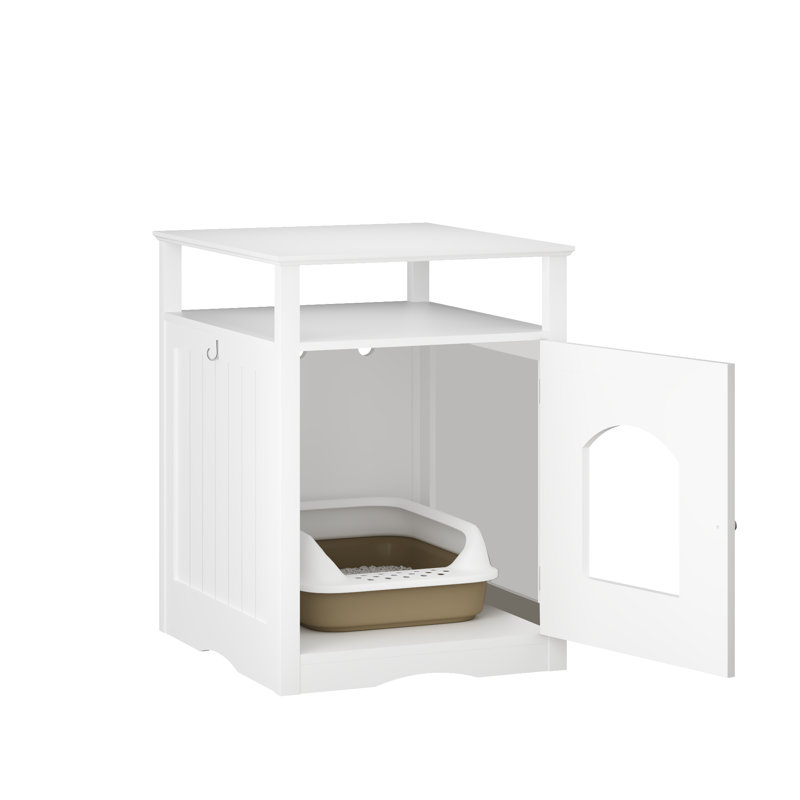 Enceinte de litière avec tablette de rangement ouverte et crochet latéral, table d'appoint cachée pour litière pour chat, blanc