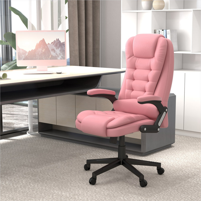 Fauteuil de direction chauffant chauffant avec 6 points de vibration, cuir de polyuréthane rose doux, hauteur de siège réglable
