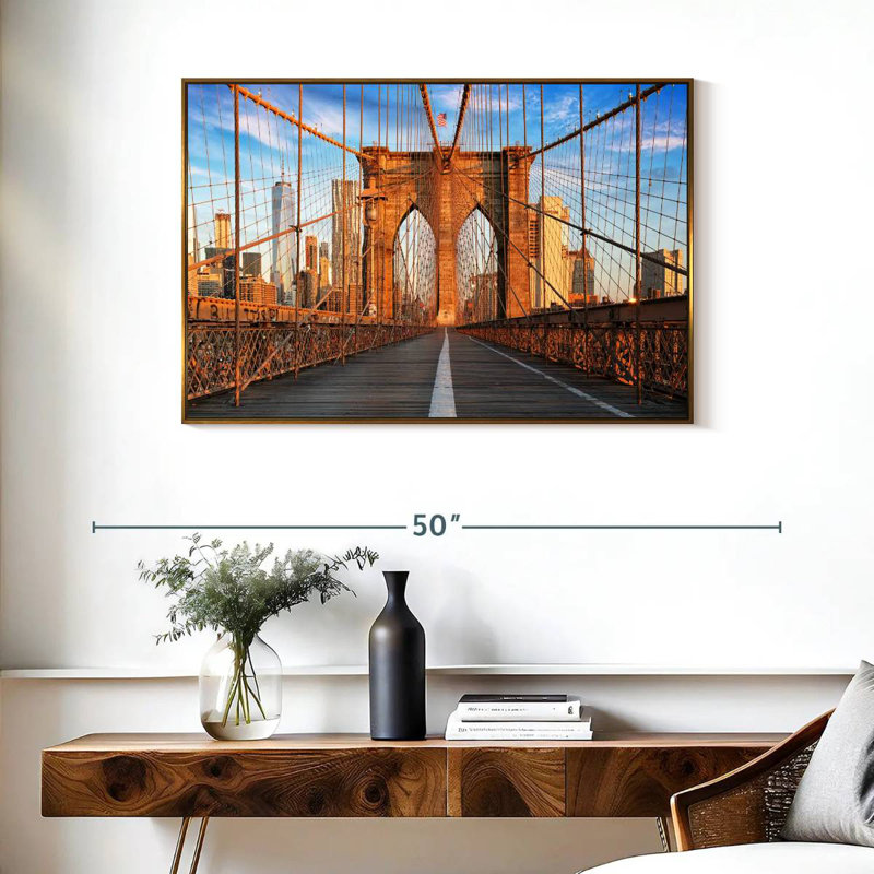 Brooklyn Bridge Pedestrian Walkway, Floating Frame Gold, 37" X 25"
