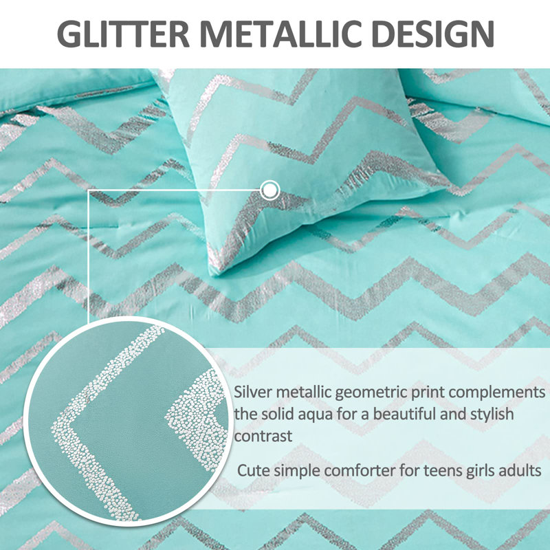 4 Piece Metallic Comforter Set Soft Microfiber Bedding with Pillow Shams & Decorative Pillow Sham, Aqua Chevron/Zig Zag
