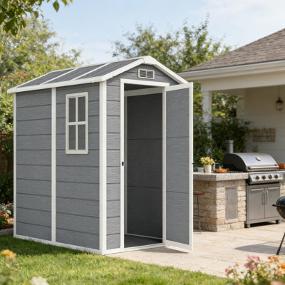 Remise de rangement extérieure spacieuse pour les outils de jardin et les fournitures de piscine, comprenant un évent de fenêtre de style maison de campagne, une porte double verrouillable, aluminium gris, l 51,6 po x P 73,2 po, H 78 po sécurisée avec clés de verrouillage, convient