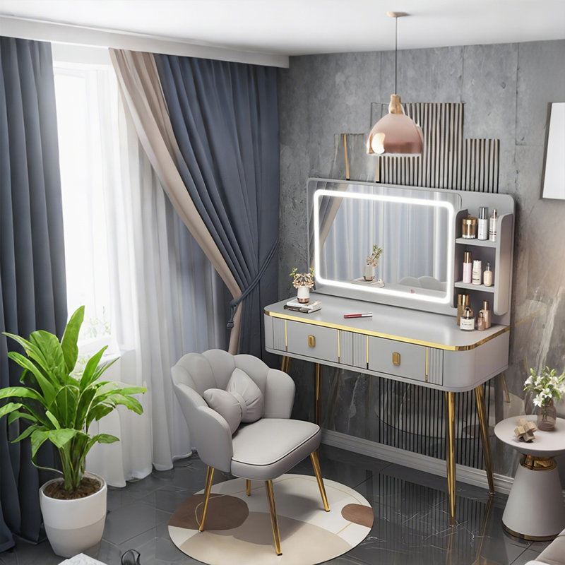39.37"Light Luxury Gray Vanity With Mirror And Stool