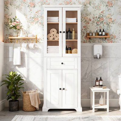 67.2" Tall Linen Tower with Glass Doors, Drawer & Soft-Close Feature