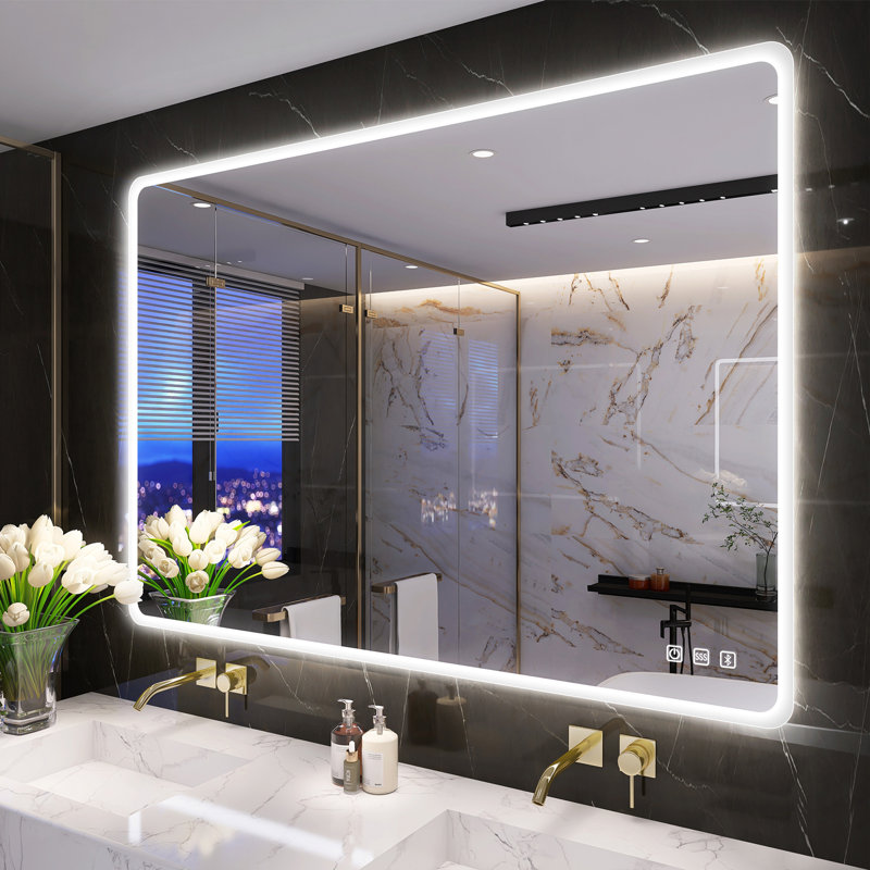 Modern Lighted Wall Mounted Bathroom Mirror in Clear, 70cm H x 100cm W