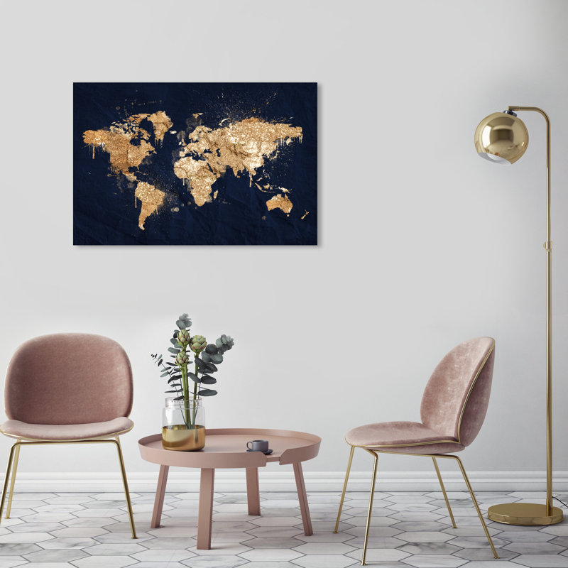 Mapamundi Metallic World Splash Modern - cadre photo, impression, Toile tendue, H 24 po x l 36 po x P 1,5 po