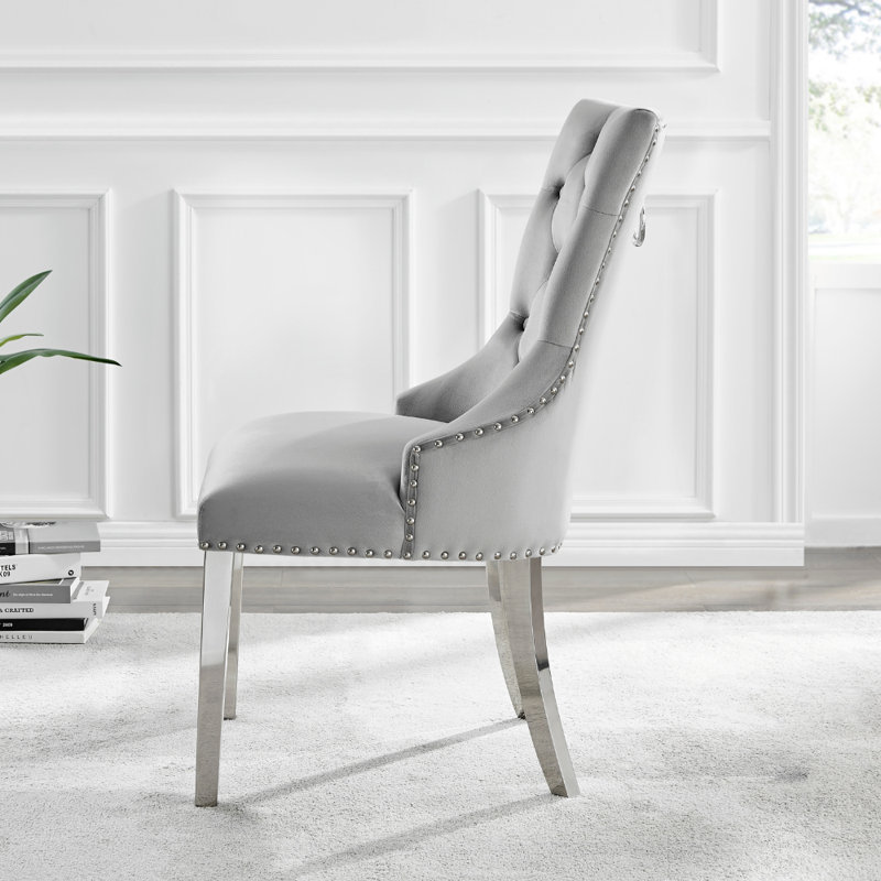 Eubanks Velvet Knockerback Dining Chairs with Metal Rivets and Chrome Legs, Grey, Silver