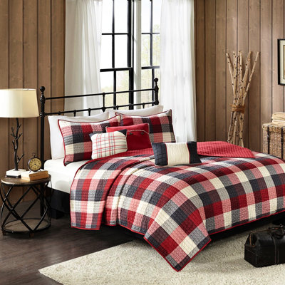 Courtepointe imprimée à chevrons rouge, double / grand, 6 pièces, écossais Buffalo, pièce d'oreillers doux et confortables, thème écossais, literie