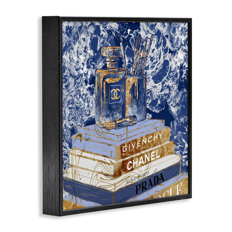 Fashion Book Pile Glam Designer Accessoires bleu doré, Giclée encadrée noir minuit, H 17 po x l 17 po