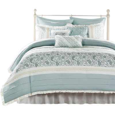 King Size Bedding 9 Piece - Cotton With Printed Textile And 2 Euro Shams Bedroom Duvet Cover Rushed Flange Decorative Pillows