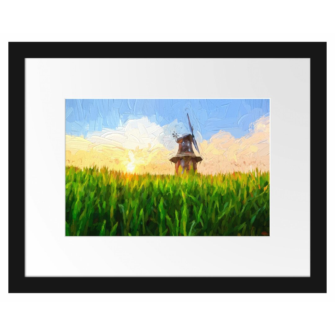 Gerahmtes Papierbild Windmühle auf dem Feld