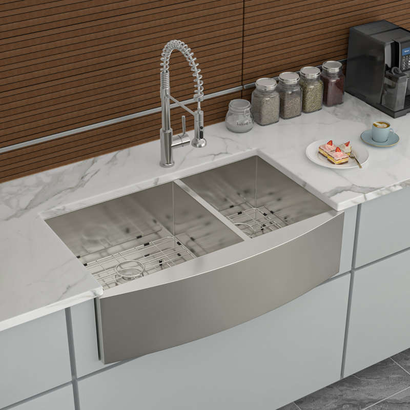 Évier de cuisine double à double cuve - Évier de cuisine en acier inoxydable 33 po x 20 po à tablier frontal encastrable à double cuve de calibre 18 avec deux cuves profondes de 9 po