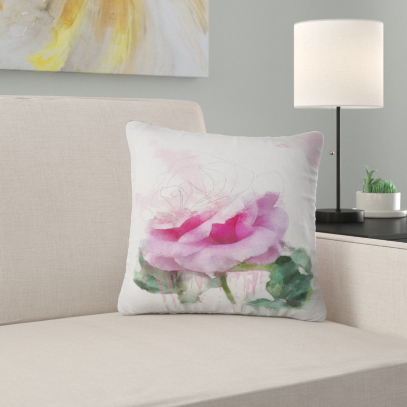 Tige rose rose avec éclaboussures de peinture - coussin imprimé floral, 18 po x 18 po, Coussin décoratif