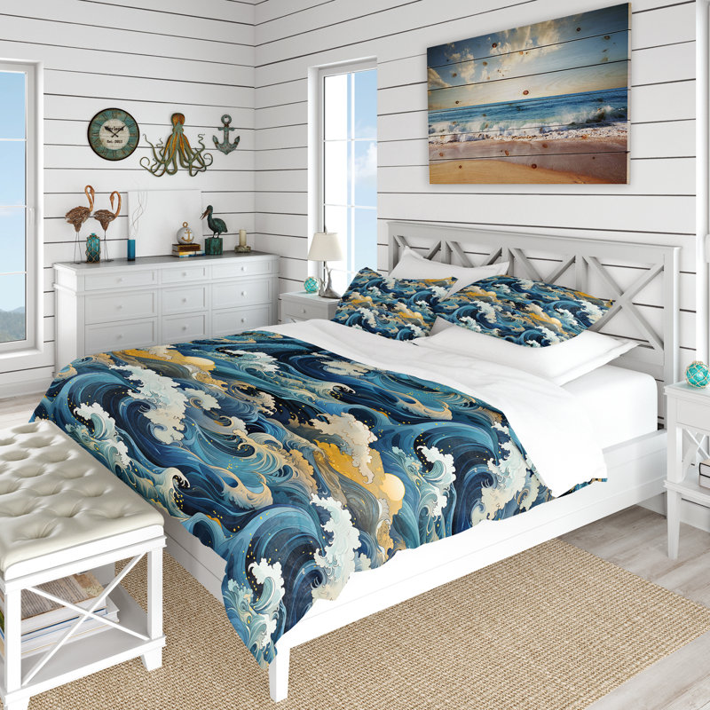 Ensemble de housse de couette Sunrise Hokusai Waves Japanese Pattern I - Coastal