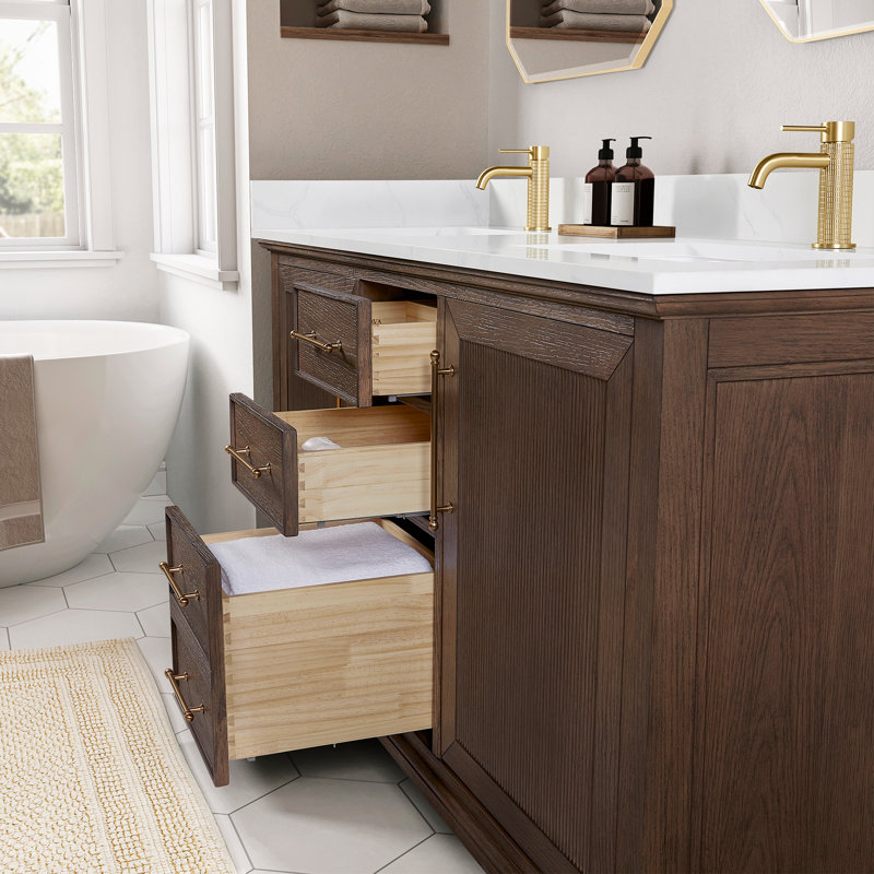 Meuble-lavabo double 72 po avec plateau en pierre de quartz blanc Friedliese, Chêne brun foncé vieilli
