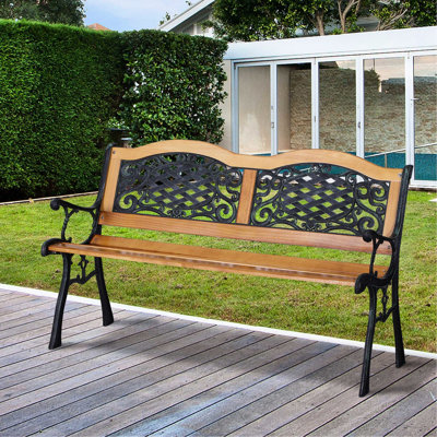 Banc de patio de 50 po avec siège en bois, relaxant pour le jardin, la terrasse, la pelouse, le porche, la piscine extérieure, 50 po d'extérieur d'aspect naturel, fabrication en bois et en métal, cour élégante, piscine, floraison antique