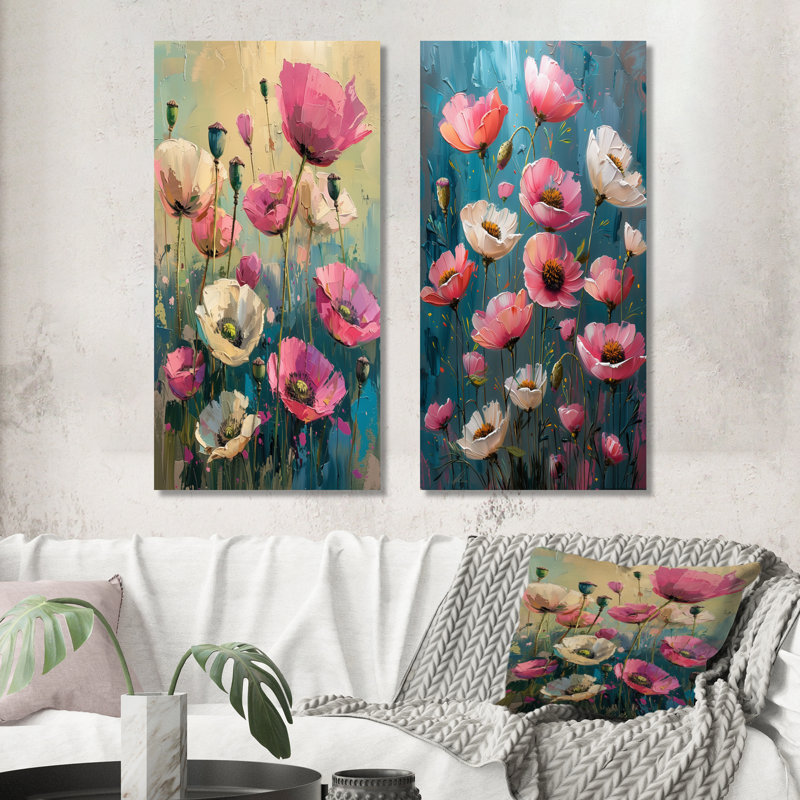 Ensemble de 2 pièces coquelicots roses et blanches, Ne s’applique pas, Toile tendue sur cadre, H 28 po x l 24 po