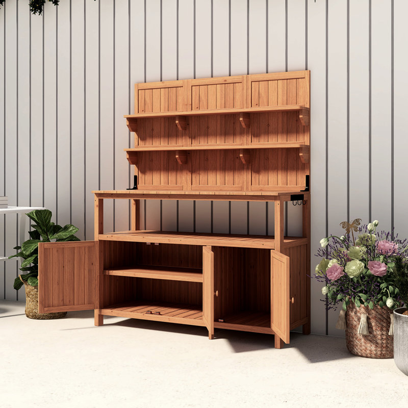 Potting Bench Table Solid Fir Wood Garden Workstation With 2 Cabinets, 3 Side Hooks, Natural