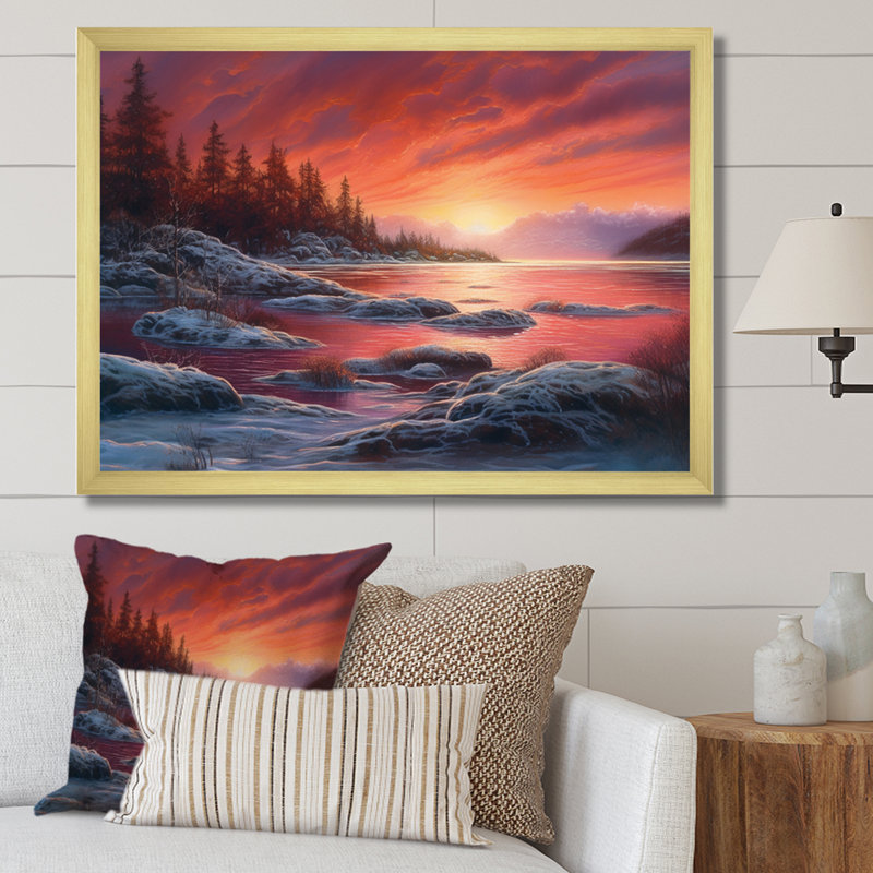«Pink Hue Lake» sur impression sur toile, Encadrement doré, H 30 po x l 40 po x P 1,5 po