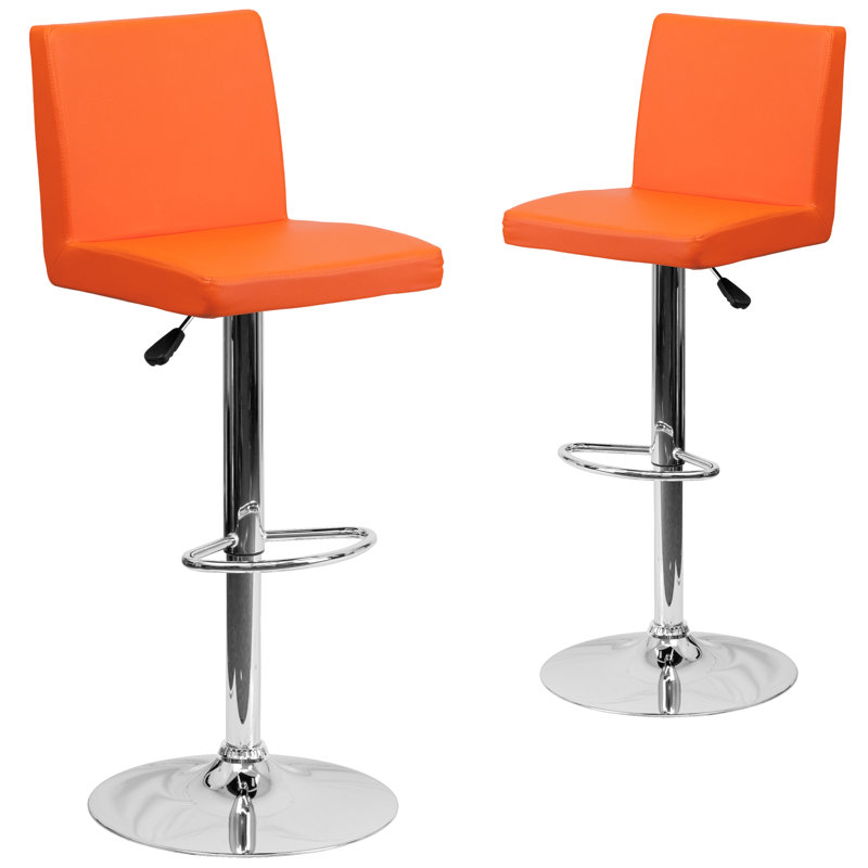 Contemporary Vinyl Adjustable Height Barstool with Panel Back and Chrome Base, Orange
