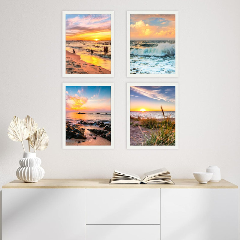 Encadrement pastel coucher de soleil nautique océan plage, ensemble de 4 impressions murales colorées de paysage encadrées sur papier, impression de 4 pièces
