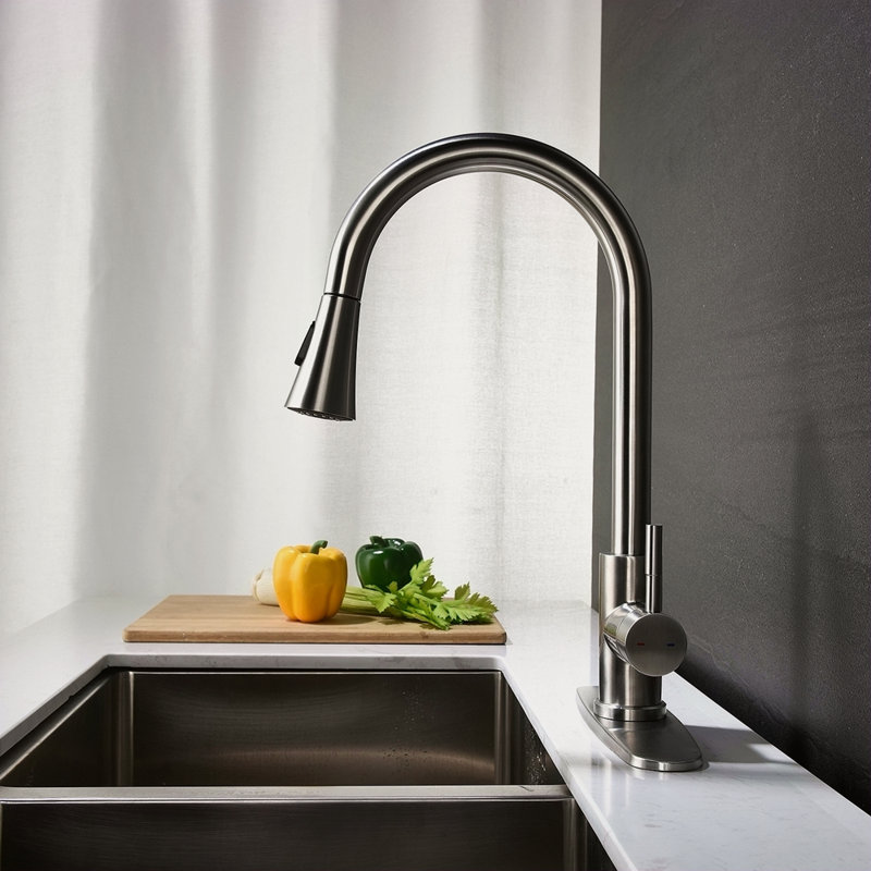 Robinet de cuisine avec douchette extractible, Nickel brossé