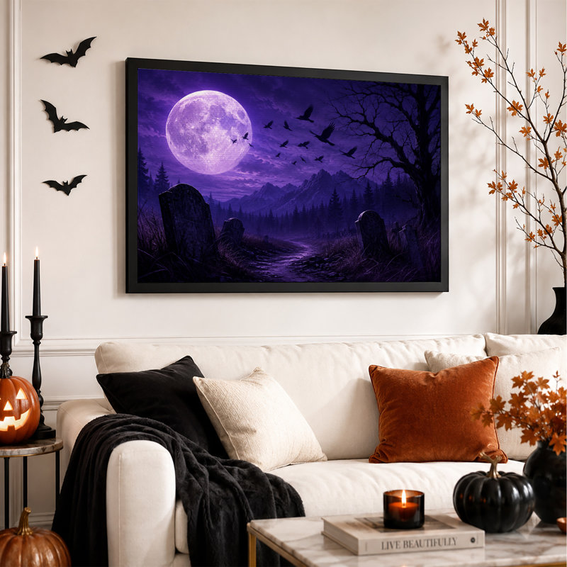 Lune violette et corbeaux volants au-dessus d'un chemin de cimetière - Toile murale d'Halloween, H 12 po x l 18 po