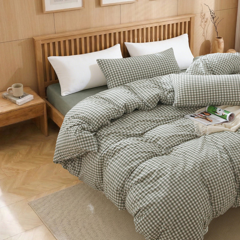 Ensemble de housse de couette en 100% coton délavé à carreaux vichy, Housse de couette grand et 2 taies d'oreiller stan, Vert