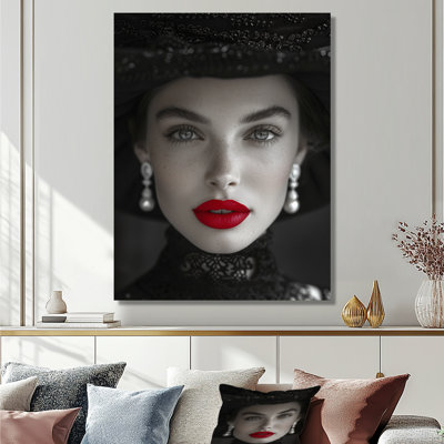 «Black and White Fashion Woman with Red Lips Radiance», reproduction d'art murale mode femme