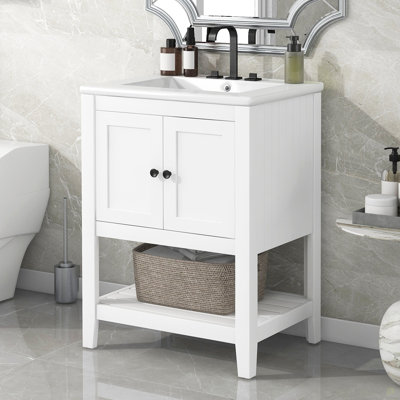 24"  Modern Sleek Bathroom Vanity Elegant Ceramic Sink With Solid Wood Frame Open Style Shelf
