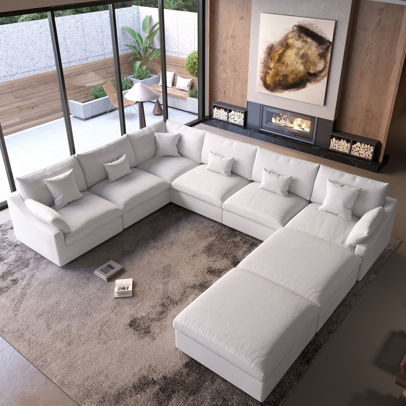 Canapé modulaire en forme de U avec 2 repose-pieds mobile Elowen, Beige