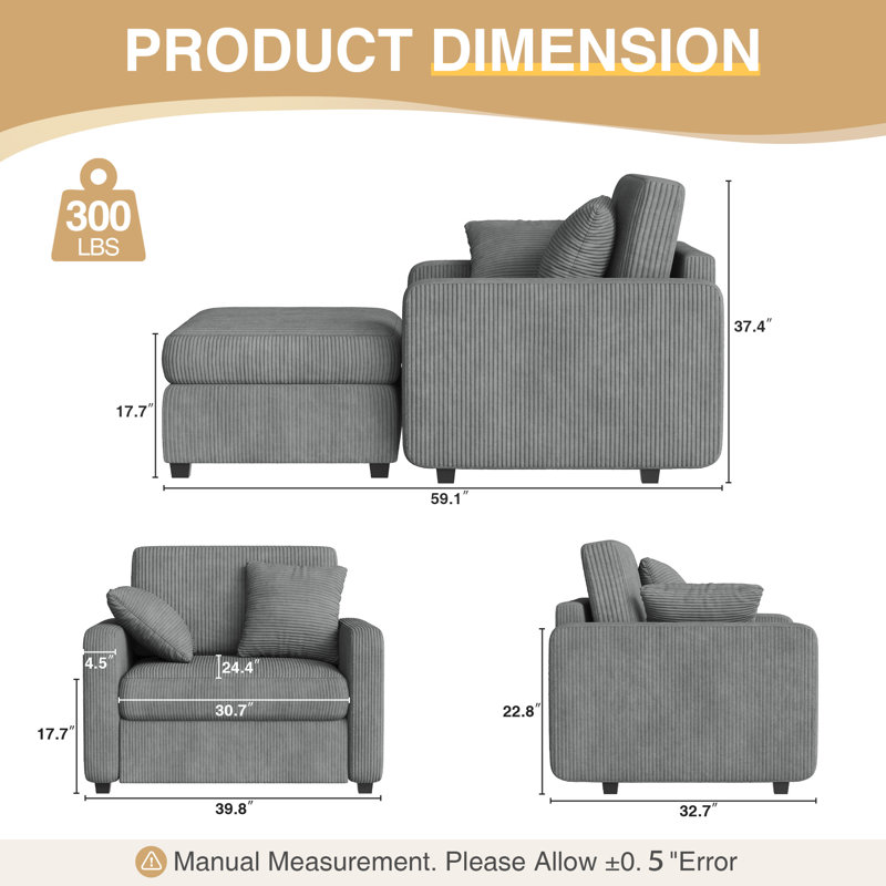 Chaise longue rembourrée avec repose-pieds et deux coussins de 40 po Atlai, Gris