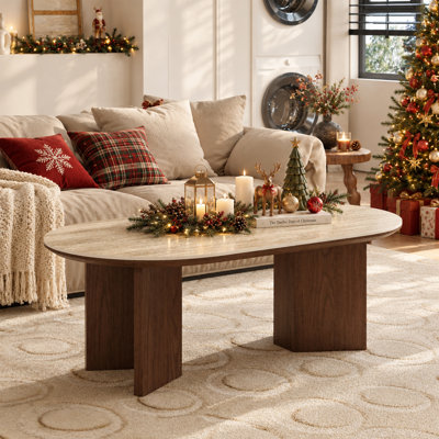 Table basse ovale en travertin de 51 po avec double base en bois massif, piédestal en bois brun et pierre naturelle pour le salon