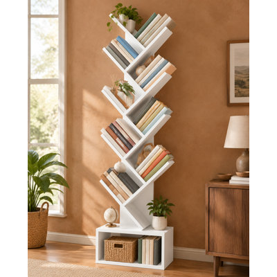 Bibliothèque en bois blanche à 9 niveaux avec tiroir, haute bibliothèque moderne sur pied, idéale pour la chambre, le salon ou le bureau à domicile.