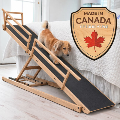 Rampe d'accès pour lit pour petits chiens en bois d'érable massif, avec barres latérales et revêtement antidérapant – Fabriquée au Canada