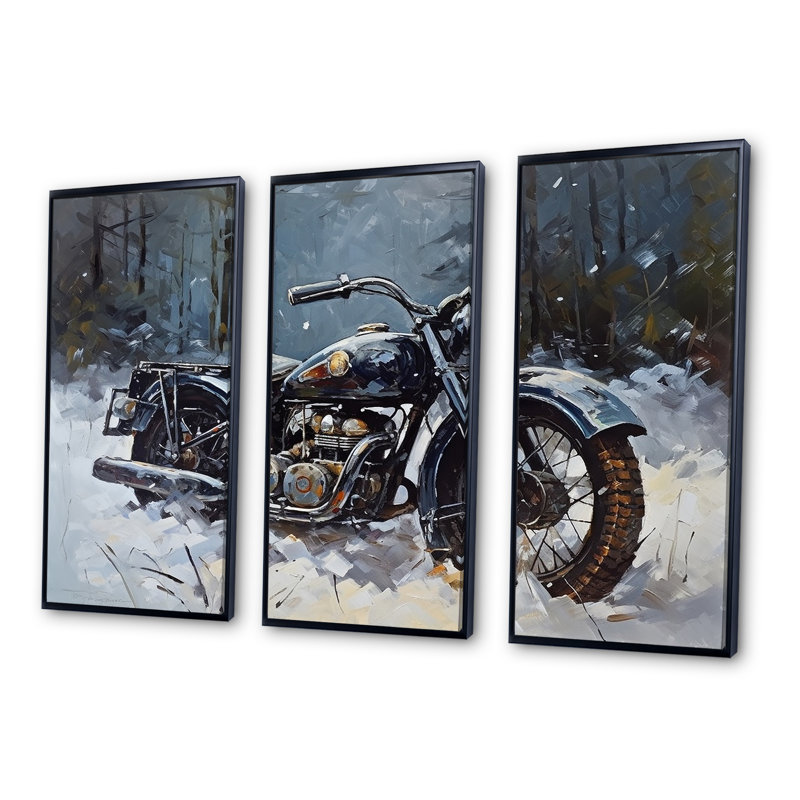 «War Rustic War Bike In Winter I», ensemble d'art sur toile, H 28 po x l 36 po x P 1 po, Cadre flottant noir