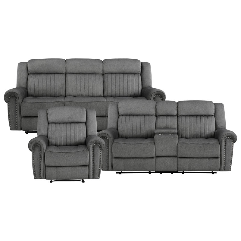 Cappella Transitional Microfiber Manual Double Reclining 3-Piece Living Room Set with Classic Nailhead Trim, Pocket Coils