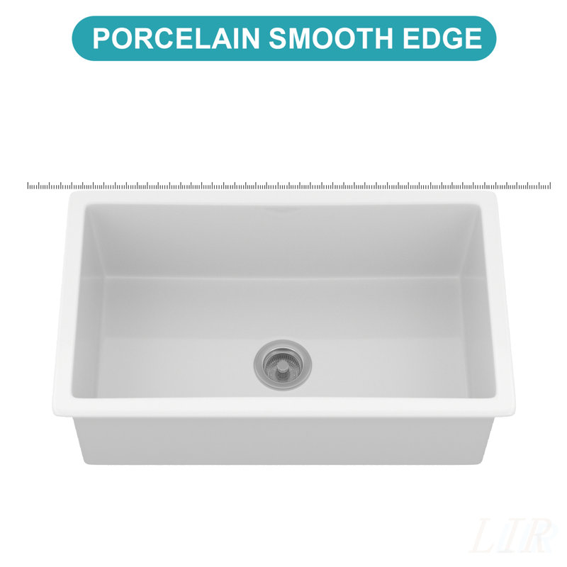 30x18x10 Undermount Single Bowl Fireclay Kitchen Sink - Dual Mount White Porcelain Rectangular Deep Basin