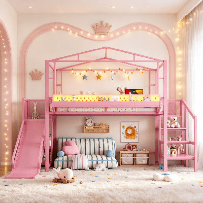 Lit mezzanine, lit mezzanine en métal avec escalier de rangement, tablettes et garde-robe intégrée, cadre de lit mezzanine en métal haut avec ports USB et lumières DEL, lit mezzanine Kids House, conception à bruit réduit, cadre de lit en métal robuste pour salle de jeux pour les filles
