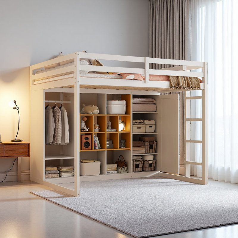 Lit mezzanine en bois avec garde-robe, tablettes et armoire, Lit double, Blanc