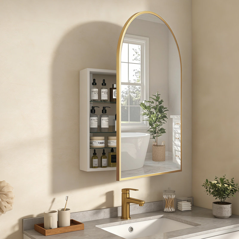 Tabbatha Accent Medicine Cabinet with Mirror Aluminum Alloy Brushed Frame Mirror, Gold, 36" H x 24" W x 4.6" D