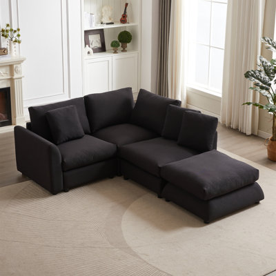 MH102.2 Canapé modulaire combiné avec repose-pieds, pieds en plastique, trois coussins et trois coussins décoratifs pour salon, appartement, studio, canapé en forme de L, meubles rembourrés