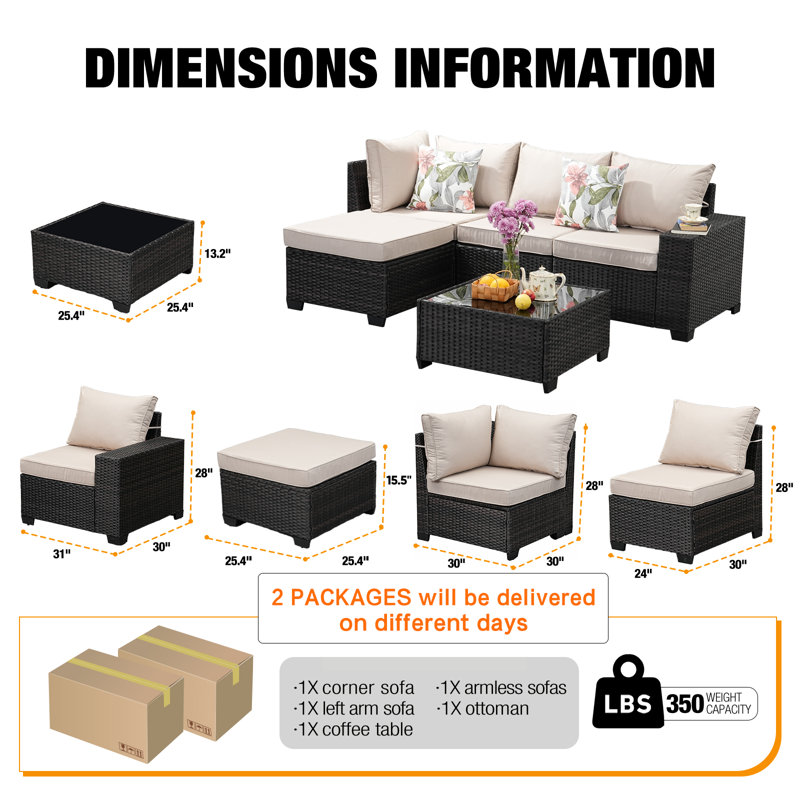 Matusow - Person Patio Conversation Set with Cushions, 5 Pcs: Table, 3 Sofas, Ottoman, Beige