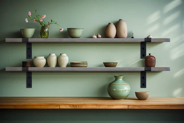 mint green wall with two wood and steel bracket shelves filled with green pottery