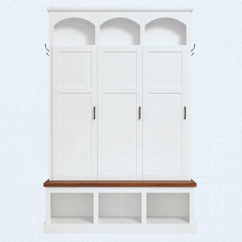 Farmhouse Arched Hall Tree with Hidden Storage, Entryway Bench Organizer with Hooks and Shoe Storage, White