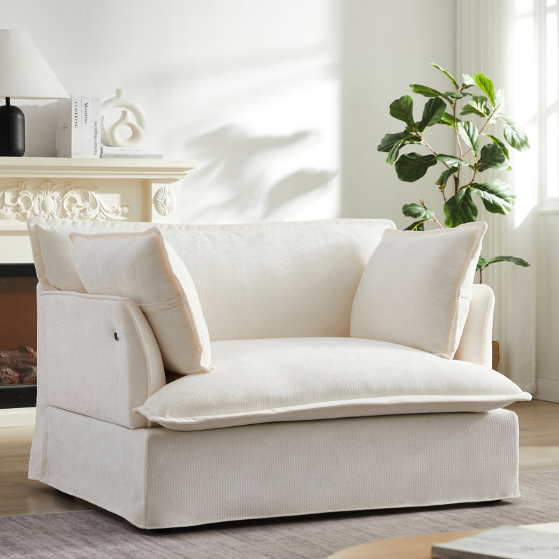  Fauteuil d'appoint surdimensionné 47,2 po, fauteuil en chenille avec siège large et profond, coussins décoratifs, canapé de salon moderne, blanc