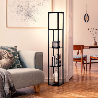 Modern Floor Lamp With Shelves - Solid Wood, Linen Shade, 3 Color Temperatures, Built-In Storage