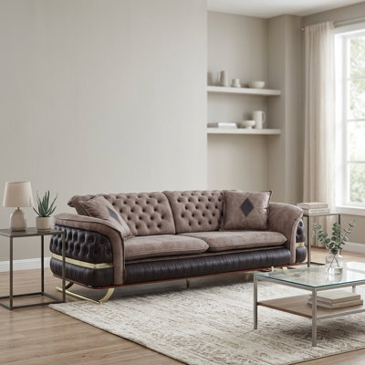 Luxury Chesterfield Tufted Fabric & Leather Sofa