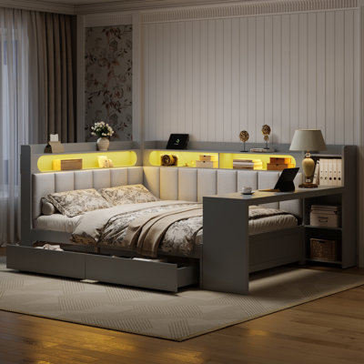 Full Size Daybed With Storage Shelves – Elegant Upholstered Headboard And Backrest With Drawers, Charging Station, LED Light, And Built-In Desk, Gray