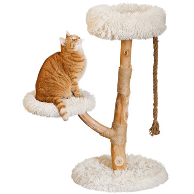 Tour pour arbre à chat moderne de 35,4 pouces, meubles en bois massif pour chat avec 2 plateformes de coussin amovibles et corde suspendue, poteau à griffer - perchoir robuste à plusieurs niveaux pour chats, beige